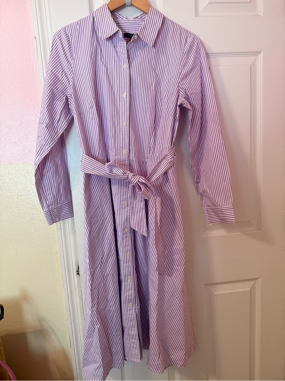 Talbots Purple White Striped Cotton Shirt Dress Long Sleeve Belted Midi Size 10